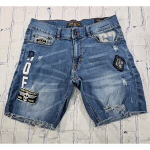 Ring of Fire MENS SIZE 30 Blue Shorts Denim Distressed Hem Light Wash Patches